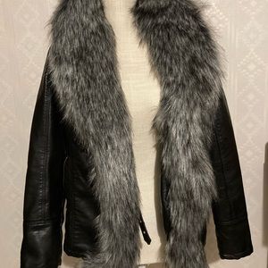 Black pleather jacket with fur.